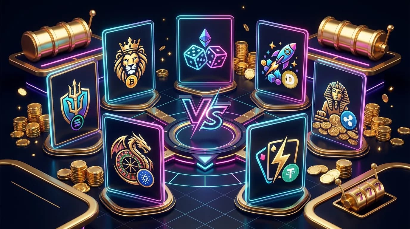 Duel.com alternatives: seven crypto casino logos arranged as glowing arena cards around a versus symbol