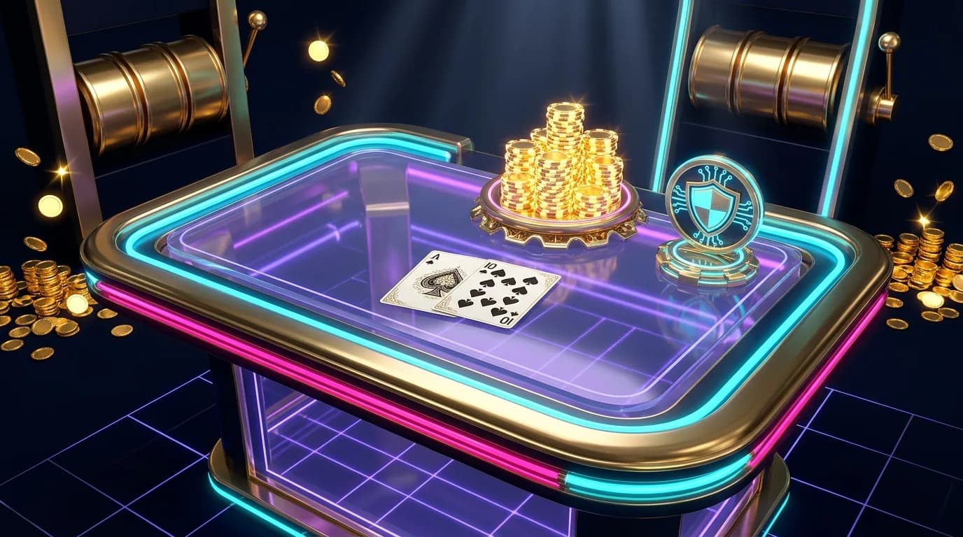 Duel.com in-house Blackjack: neon card table with a dealt blackjack hand, chip stack and provably fair badge