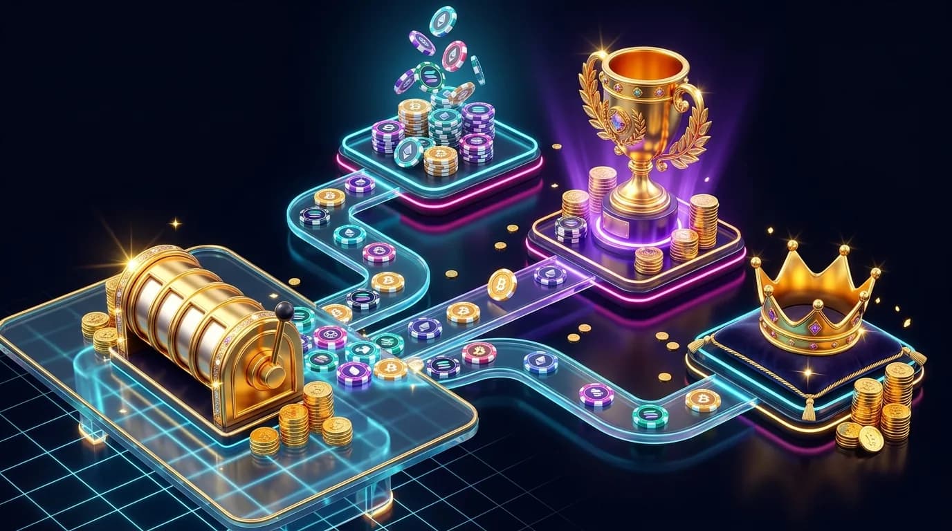 Duel.com bonus structure diagram: crypto chips flowing from a wager into instant rakeback, leaderboard trophy and VIP crown