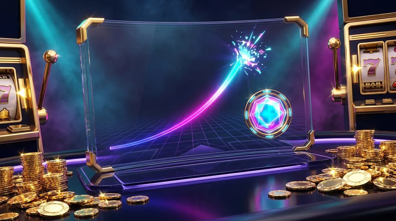 Duel.com Crash game: neon multiplier curve rocketing upward on a dark grid before busting, cash-out marker glowing