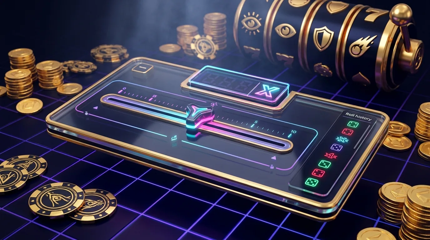 Duel.com Dice interface: neon slider set near 50% win chance with payout multiplier readout and roll history