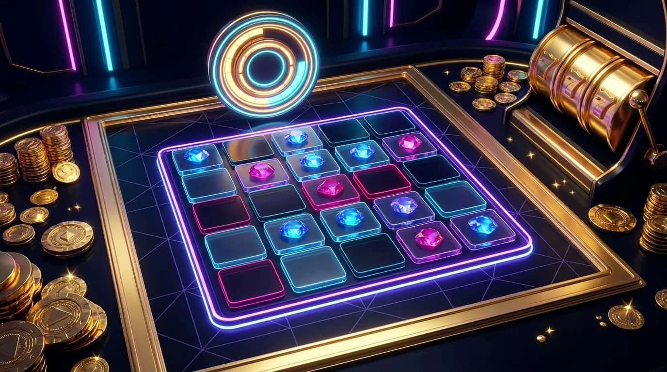 Duel.com Mines game: 5x5 neon tile grid with revealed gems, hidden mines and a glowing cash-out multiplier counter