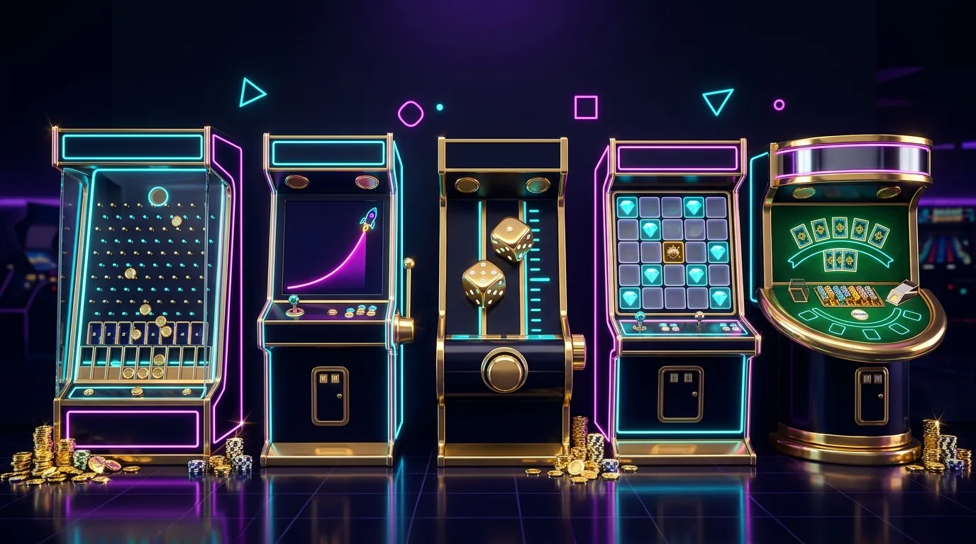 Duel.com Originals lineup: Plinko board, Crash curve, Dice slider, Mines grid and Blackjack table arranged as neon arcade cabinets