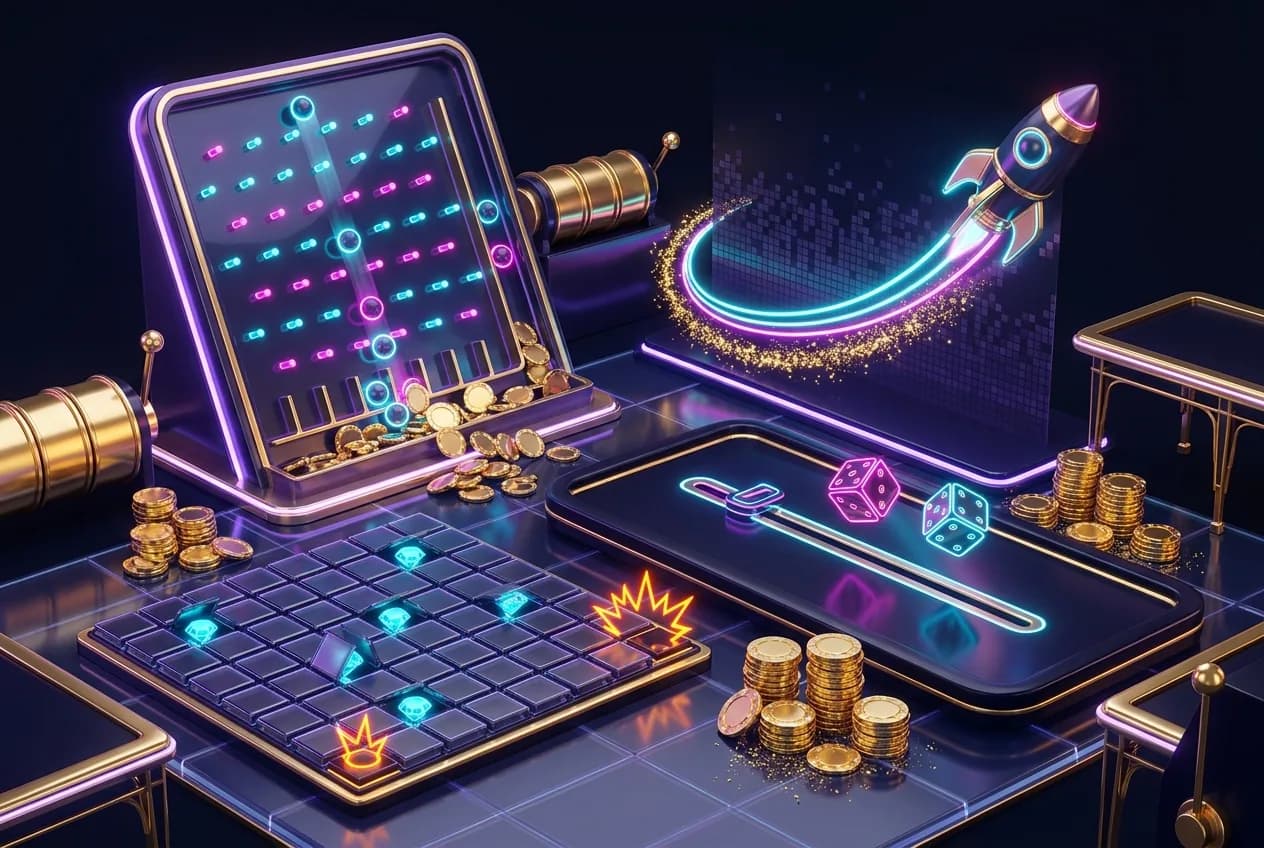 Duel.com Originals games overview: Plinko board, Crash rocket, Dice slider and Mines grid in neon style