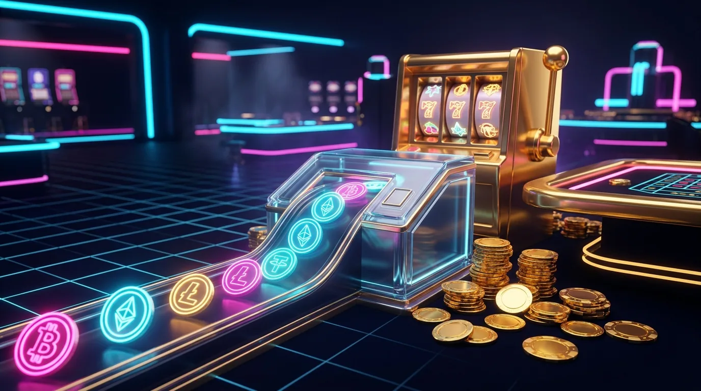 Duel.com payments: neon crypto coins (BTC, ETH, LTC, USDT) flowing through a glowing cashier terminal