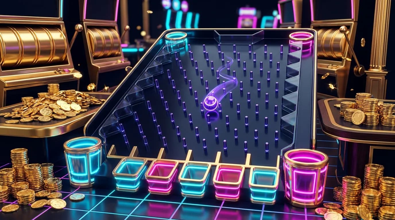 Duel.com Plinko board: neon ball bouncing down through peg rows toward glowing multiplier buckets, high multipliers at the edges