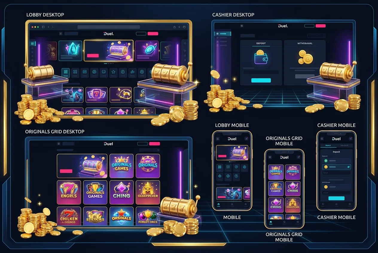 Duel.com review: annotated screenshot montage of the casino lobby, Originals grid and cashier on desktop and mobile