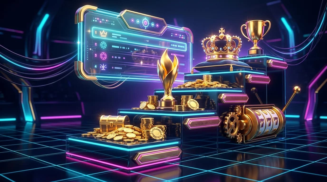 Duel.com VIP program: ascending neon tier podium with trophies, crowns and a glowing leaderboard panel