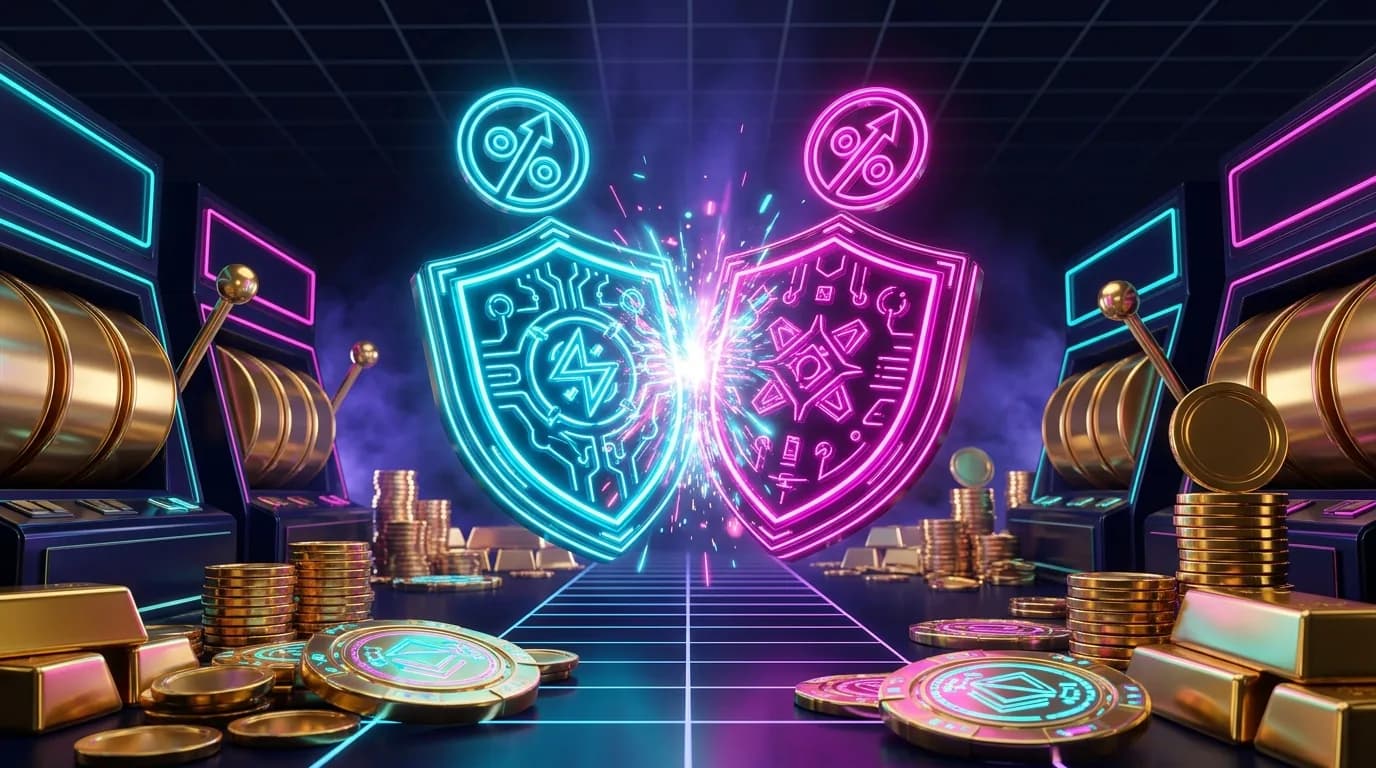 Duel vs Duelbits comparison: twin neon shields with rakeback percentage icons clashing over a dark casino grid