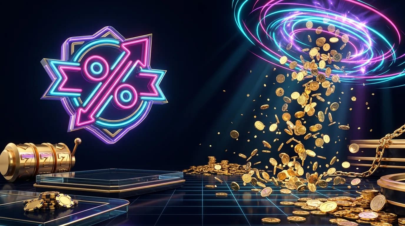 Duel vs Gamdom comparison: neon rakeback badge opposite a community chat storm of coins raining over a dark arena