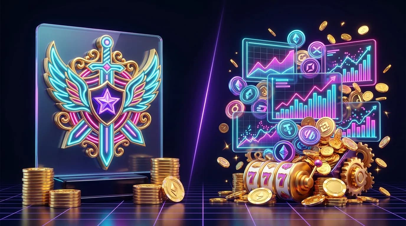 Duel vs Rollbit comparison: clean neon rakeback badge versus a chaotic token-and-chart collage on a split dark background