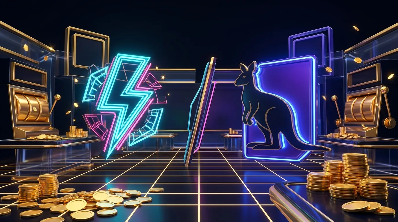 Duel vs Roobet comparison: neon rakeback bolt facing a kangaroo mascot silhouette across a split casino arena