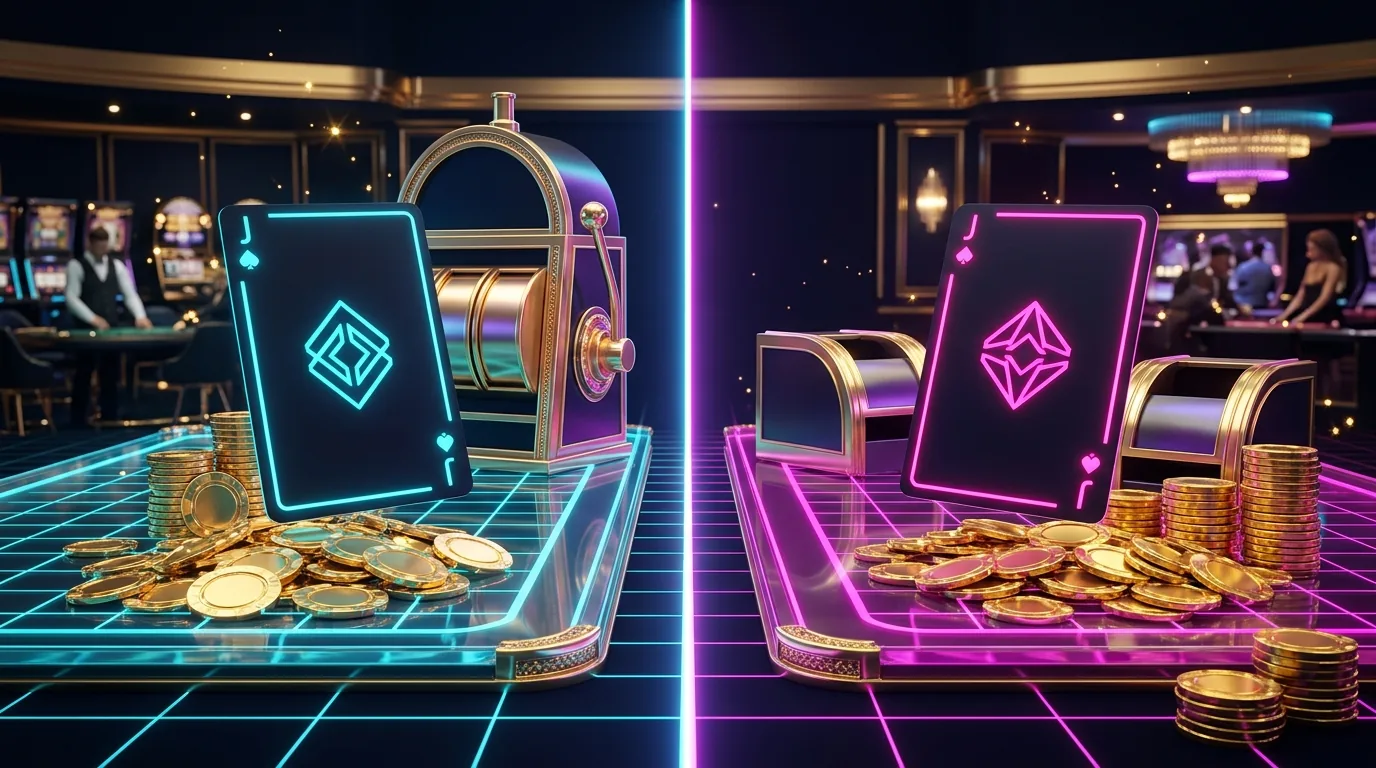 Duel vs Shuffle comparison: two sleek minimalist casino cards mirrored across a neon dividing line