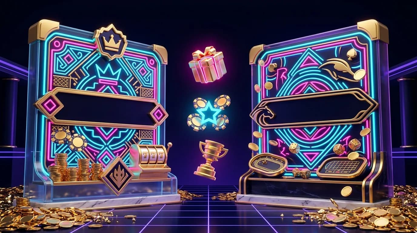 Duel vs Stake comparison: two neon casino arena banners facing off with rakeback and VIP icons between them