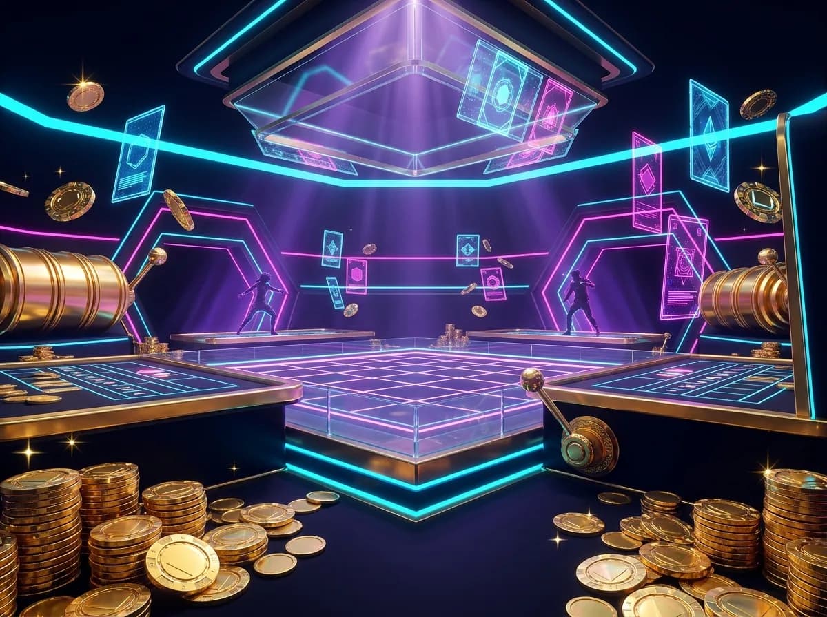 Duel.com referral codes hero: neon duel arena with floating promo code cards and crypto chips