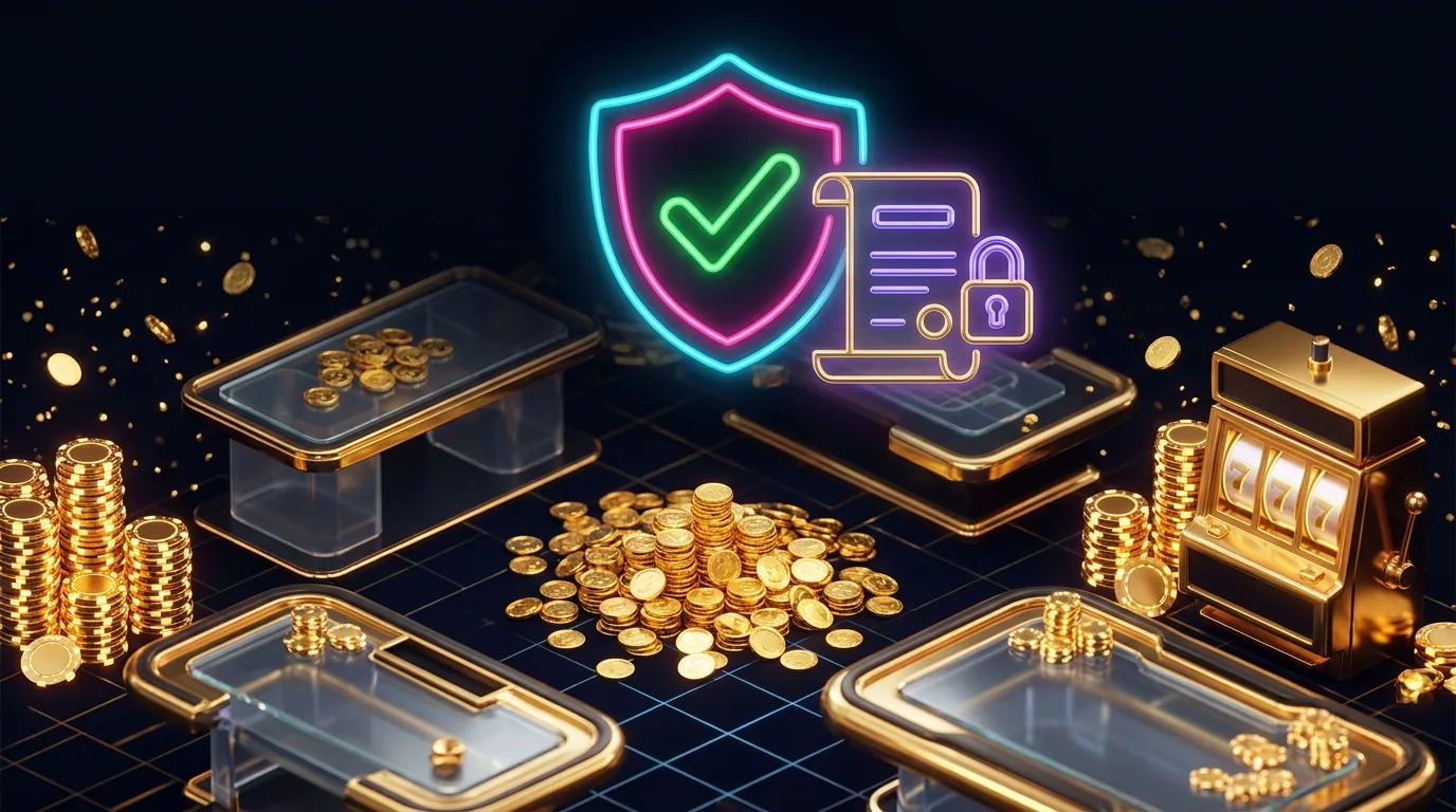 Is Duel.com legit: neon shield with checkmark over a dark casino interface, with licence scroll and padlock icons