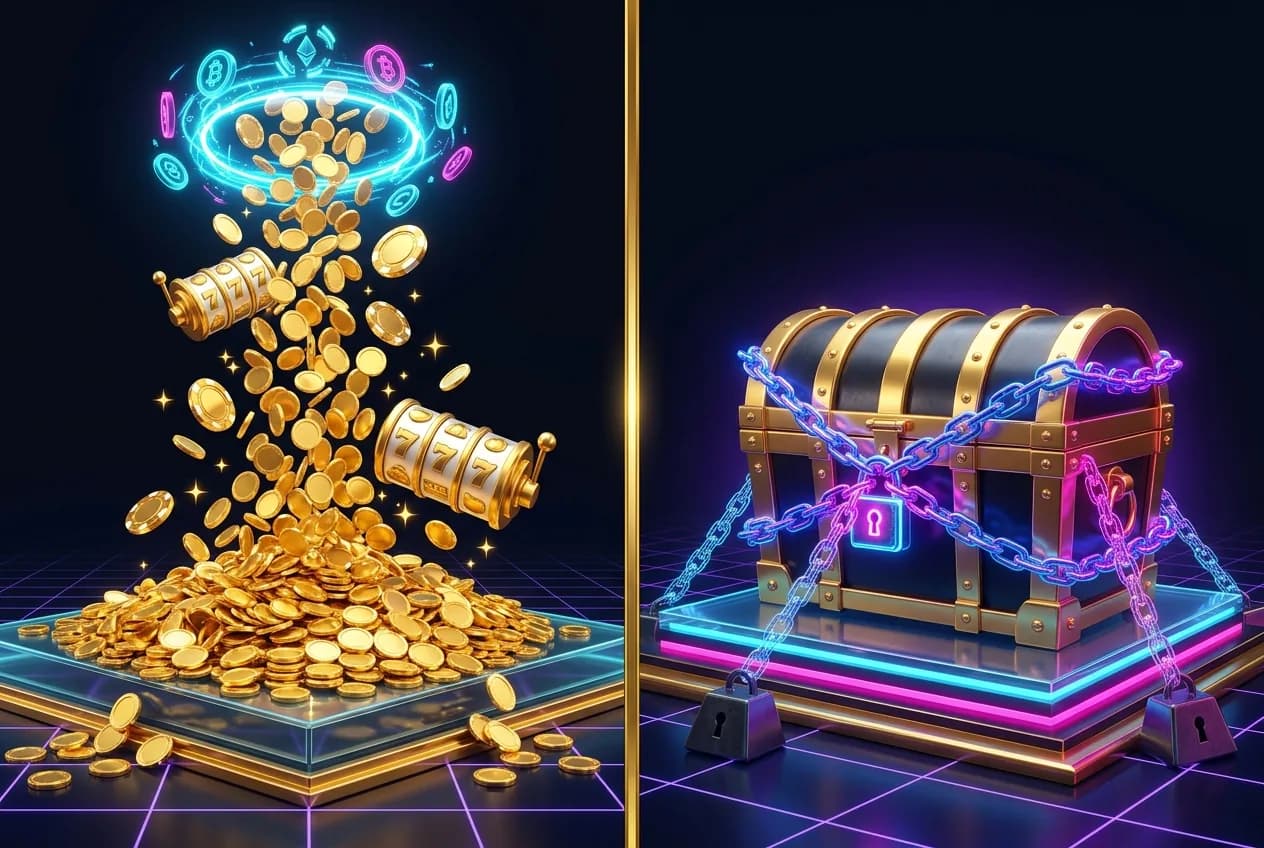 Comparison illustration: instant rakeback coins flowing continuously versus a locked deposit-match bonus chest with wagering chains